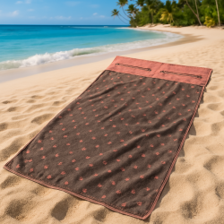 Luxe XXL Strand- & Saunahanddoek – Met Kussenuitsparing en Opbergvakken – Bruin met Roze Accenten