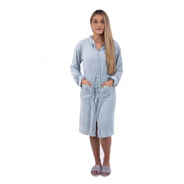 Dames jersey badjas  met ritssluiting en capuchon Licht blauw /Mint