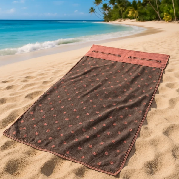 XXL Strand - Massage - Sauna Handdoek, met Telefoon Zakken, en Kussen uitsparing, Bruin & Roze